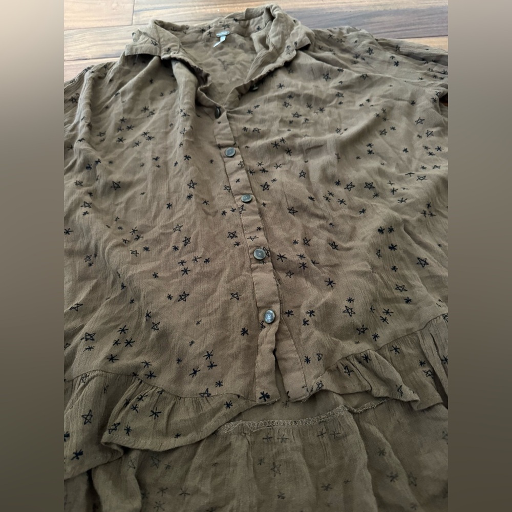 Free People Olive Star Patterned Ruffle Blouse XS - Picture 4 of 5